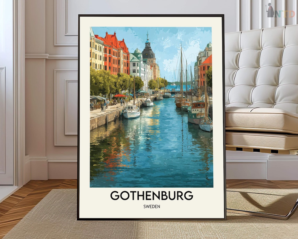 Gothenburg Sweden Harbor Canal Vintage Sailboat Travel Poster