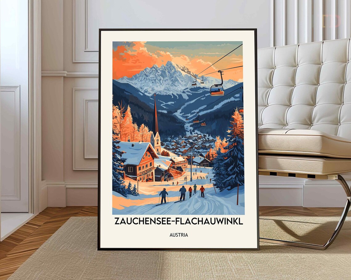 Zauchensee-Flachauwinkl Austria Alpine Ski Village Vintage Travel Poster