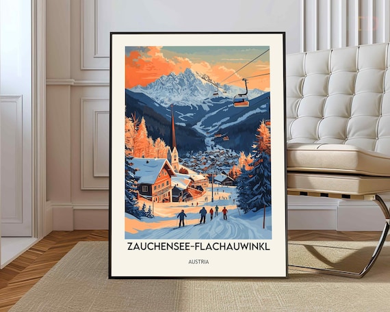 Zauchensee-Flachauwinkl Austria Alpine Ski Village Vintage Travel Poster