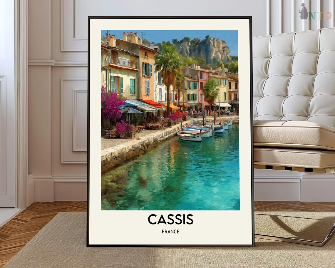 Cassis Turquoise Harbor Pastel Waterfront Houses France Travel Poster