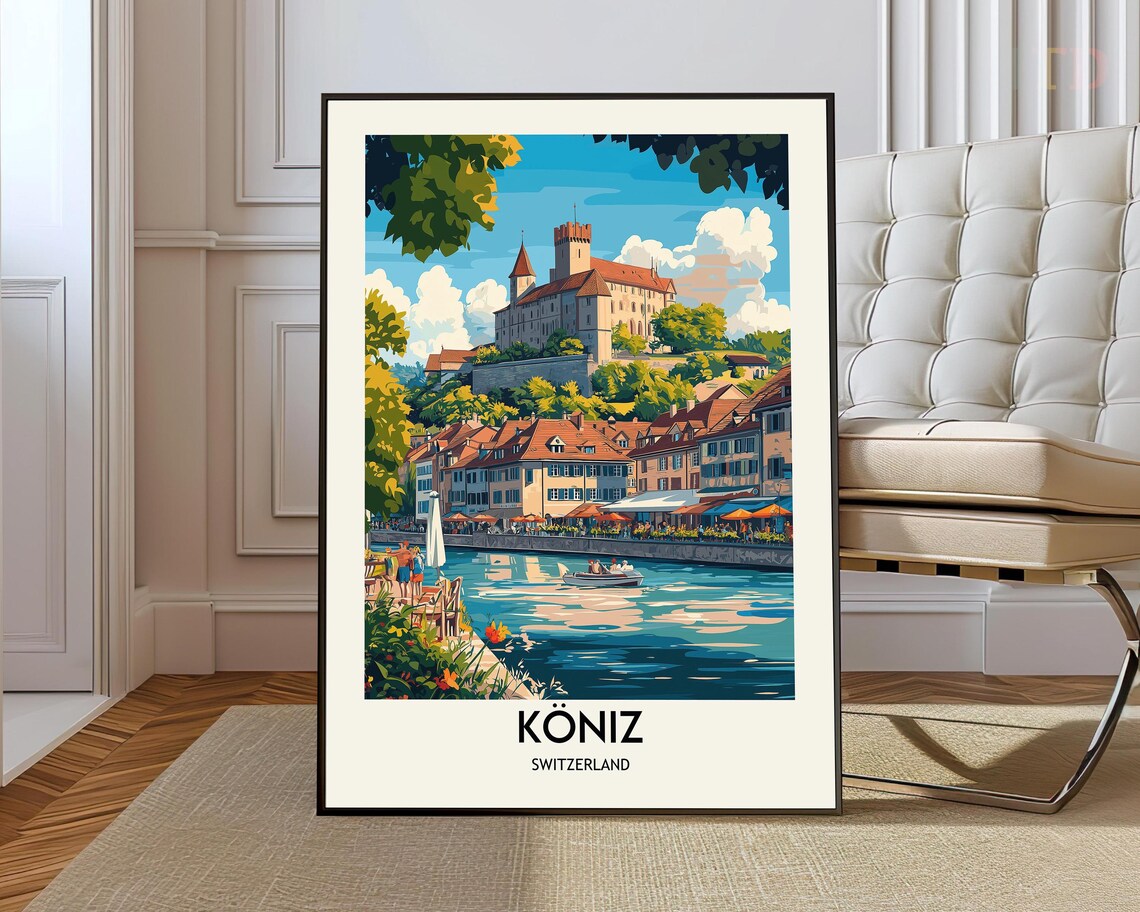 Koniz Switzerland Riverside Travel Poster With Hilltop Castle View
