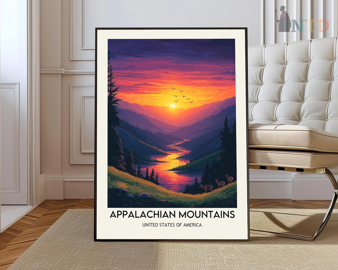 Appalachian Mountains USA Sunset River Valley Scenic Travel Poster