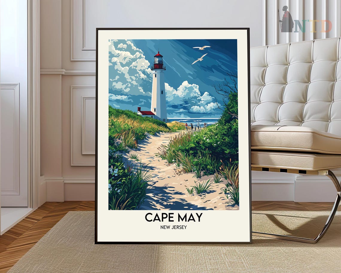 Cape May Lighthouse Sand Dune Path Seagulls Vintage Travel Poster