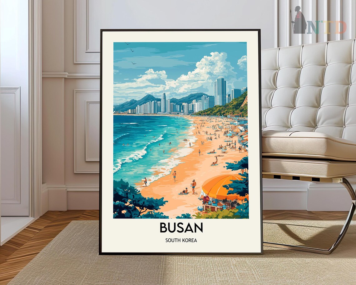 Busan South Korea Beach Orange Umbrella Illustrated Travel Poster