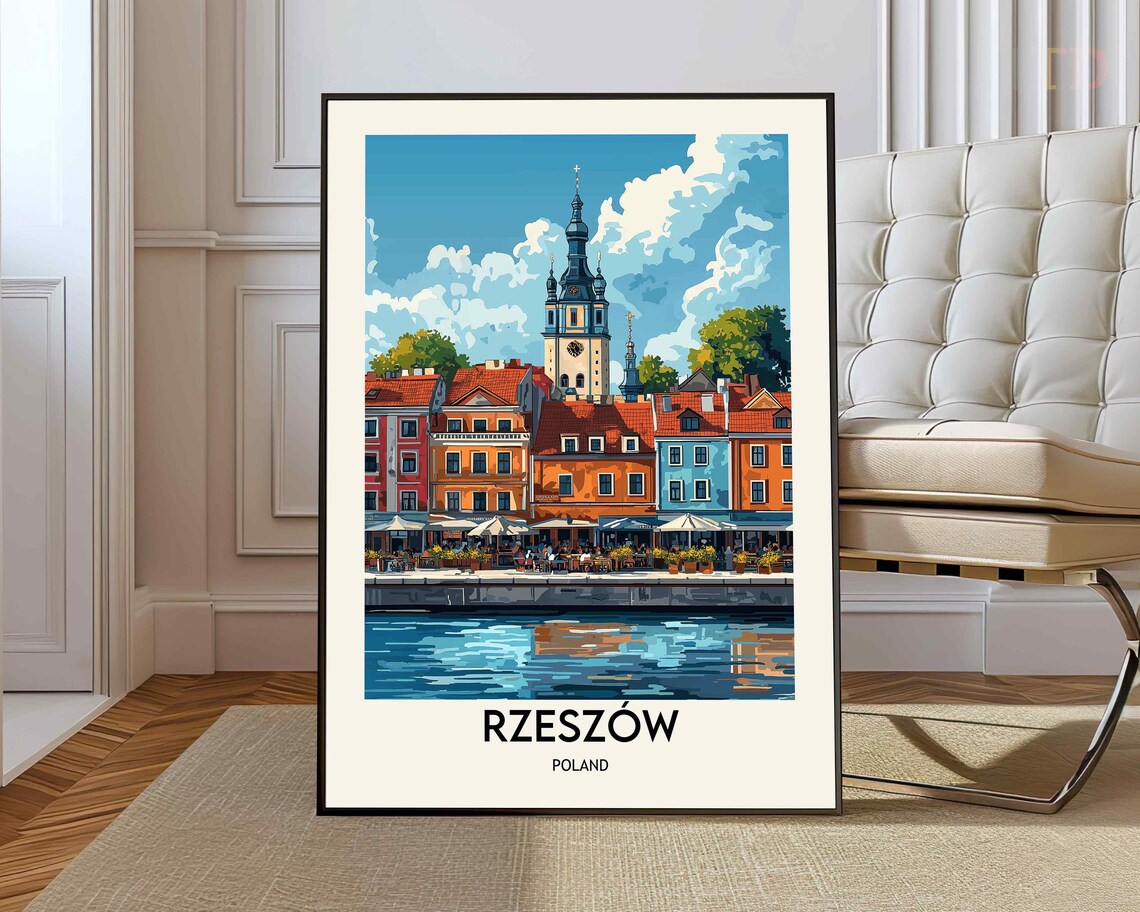 Rzeszow Poland Riverside Old Town Clock Tower Market Travel Poster