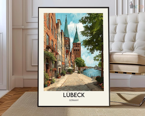 Lubeck Germany Cobblestone Old Town Street Vintage Travel Poster