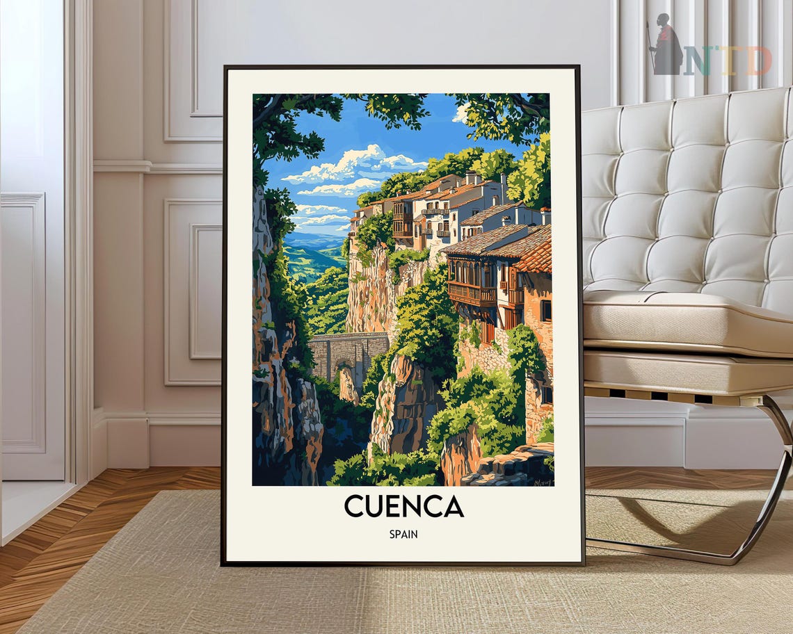 Cuenca Spain Hanging Houses Gorge Vintage Retro Travel Poster