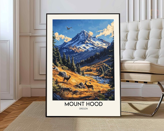 Mount Hood Oregon Golden Meadow Deer River Vintage Travel Poster