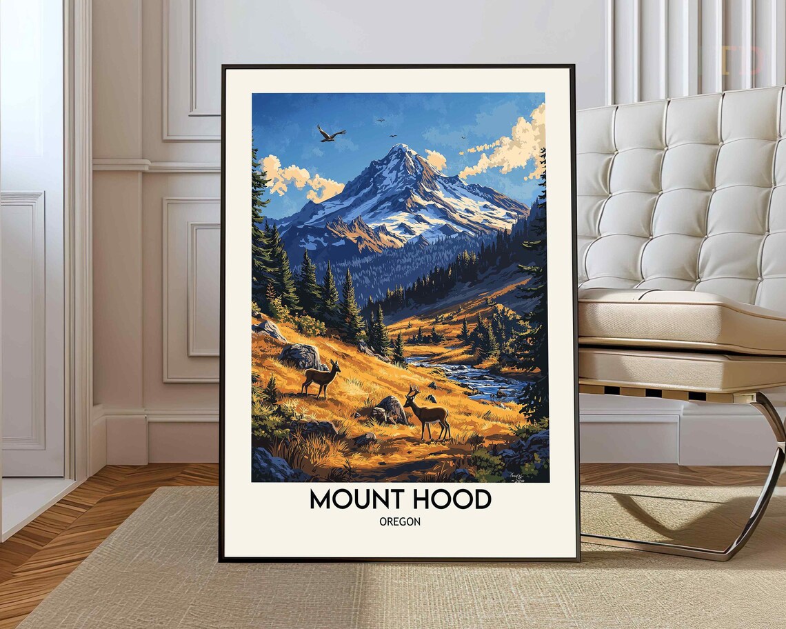Mount Hood Oregon Golden Meadow Deer River Vintage Travel Poster
