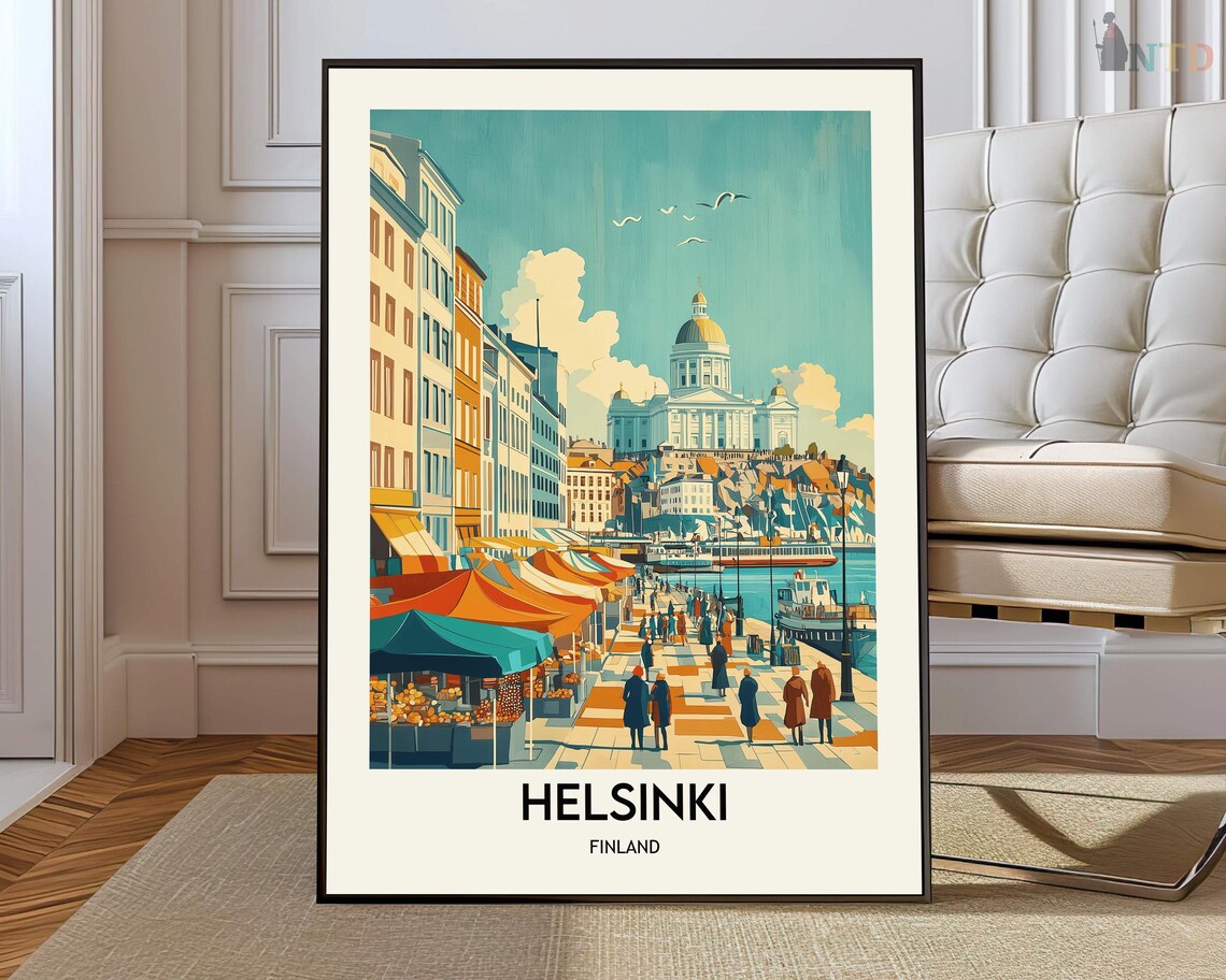Helsinki Finland Market Square Cathedral Vintage Travel Art Poster