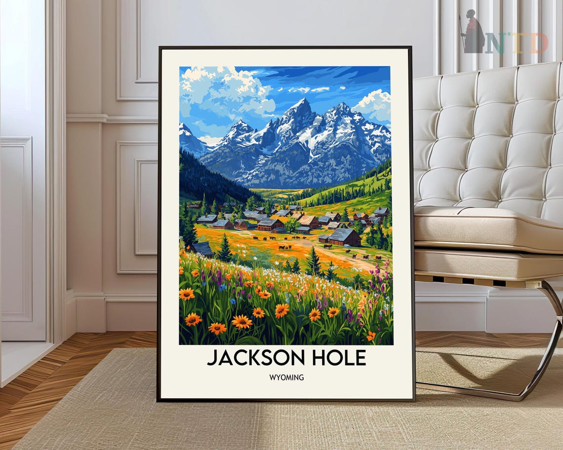 Jackson Hole Wyoming Wildflower Meadow Mountain Vintage Travel Poster