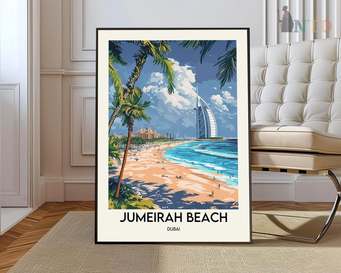 Jumeirah Beach Dubai Retro Travel Poster Palm Trees And Ocean