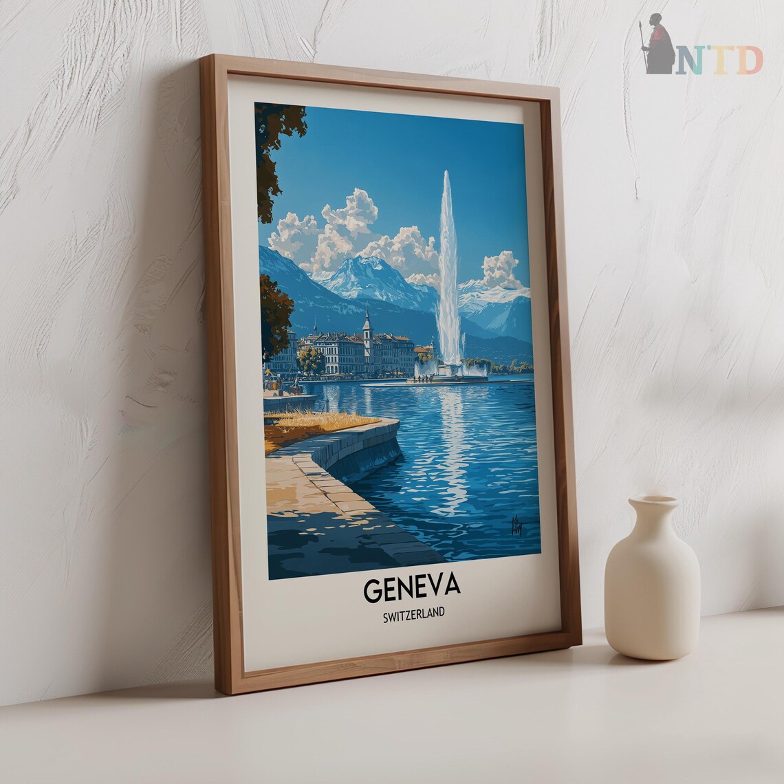 Geneva Jet dEau Fountain and Lake with Snowy Alps Beyond Poster - Image 2