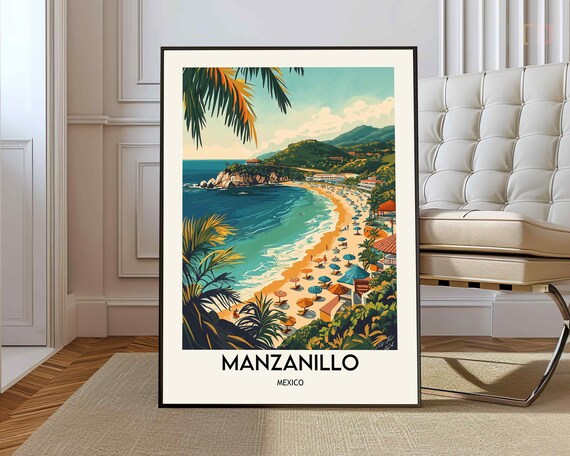 Manzanillo Mexico Tropical Beach Bay Vintage Travel Art Poster