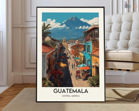 Guatemala Colonial Street Volcano View Vibrant Travel Poster Art