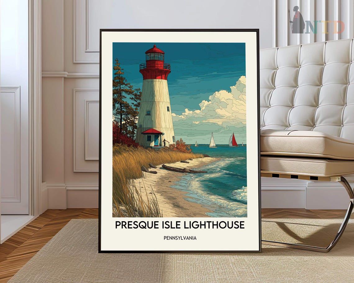Presque Isle Lighthouse Pennsylvania Dusk Sailboats Travel Poster