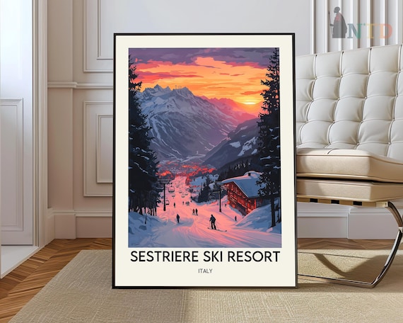 Sestriere Ski Resort Italy Sunset Chairlift Snowy Slopes Travel Poster