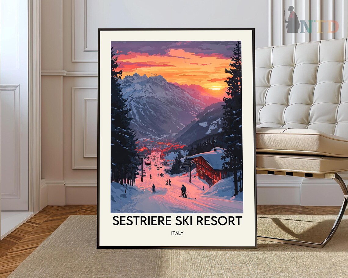 Sestriere Ski Resort Italy Sunset Chairlift Snowy Slopes Travel Poster