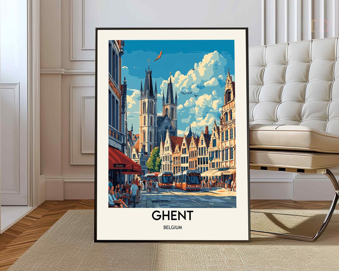 Ghent Belgium Cathedral Square With Trams And Flemish Houses Poster