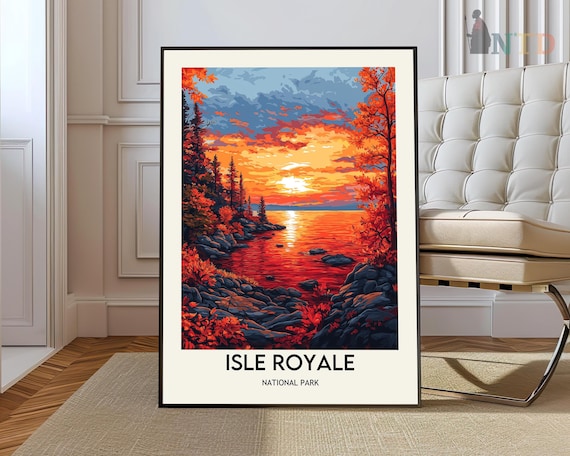 Isle Royale National Park Fiery Autumn Sunset Lake Travel Poster