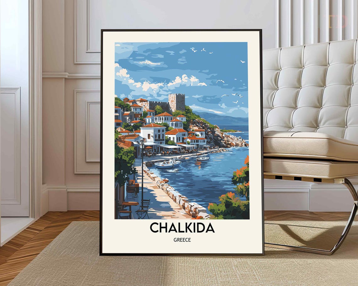 Chalkida Greece Harbor Waterfront Vintage Style Travel Poster