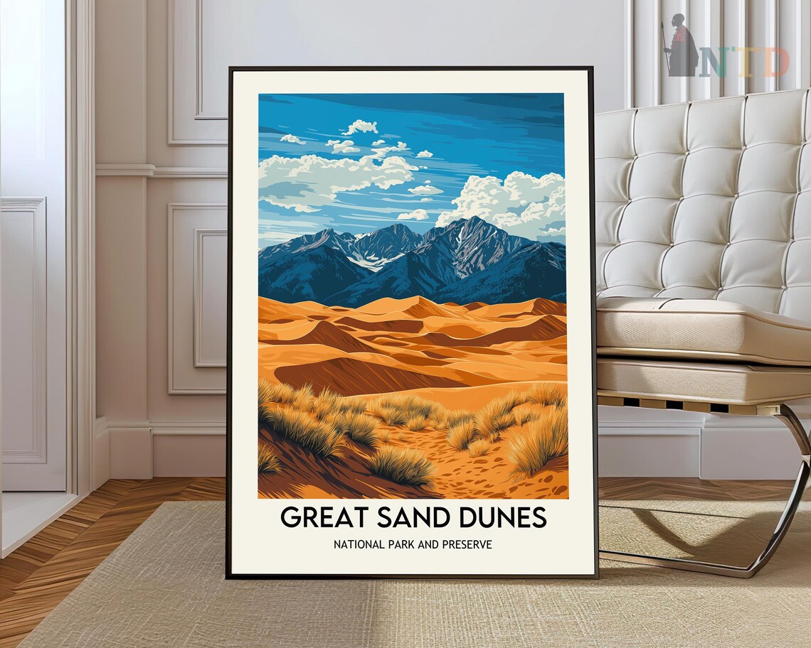 Great Sand Dunes National Park Poster with Golden Dunes and Mountains