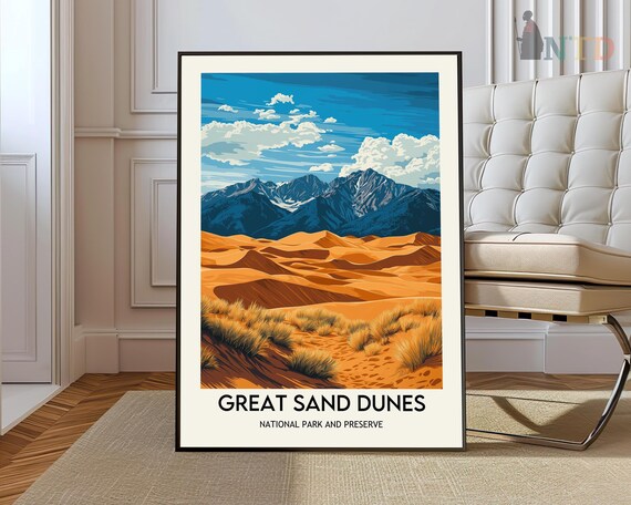 Great Sand Dunes National Park Poster with Golden Dunes and Mountains