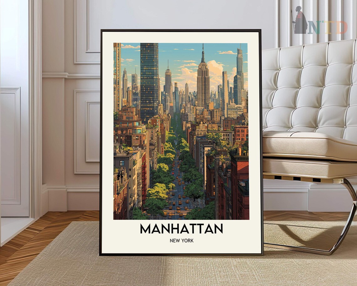 Manhattan New York City Street Skyline Vintage Travel Poster