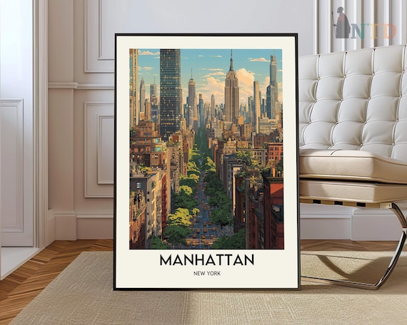 Manhattan New York City Street Skyline Vintage Travel Poster