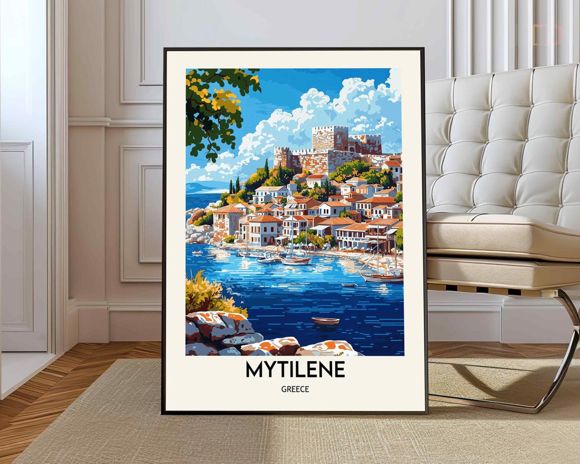 Mytilene Greece Harbor Castle Seaside Town Vintage Travel Poster