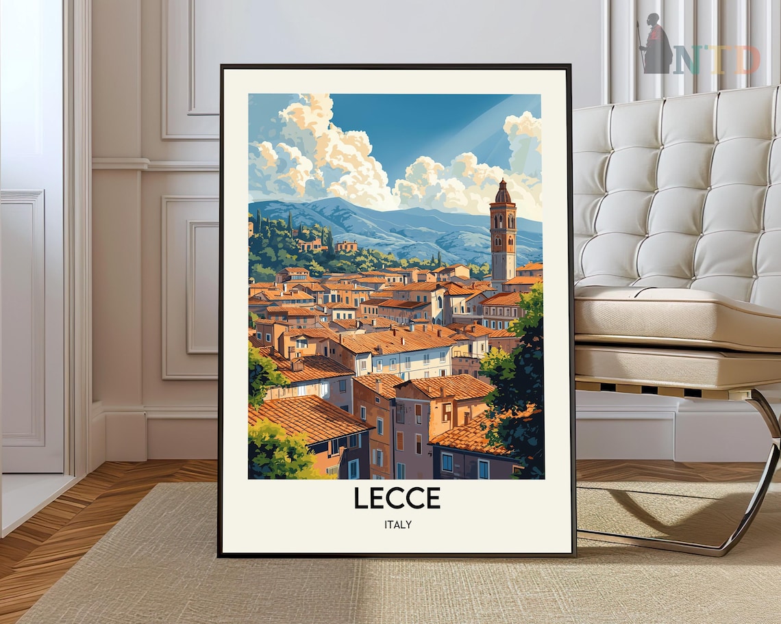 Lecce Italy Vintage Travel Poster Puglia Old Town Rooftops View