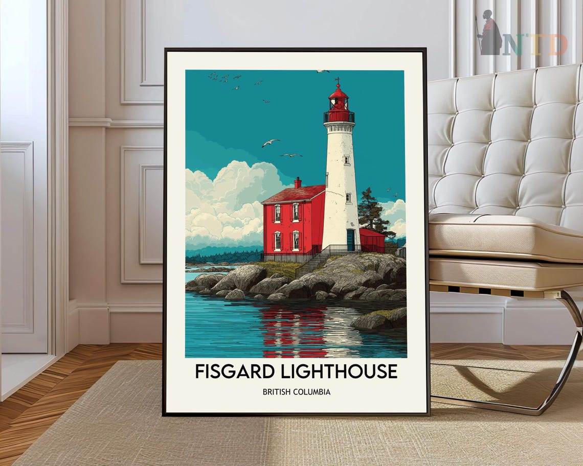 Fisgard Lighthouse British Columbia Vintage Travel Illustration Poster