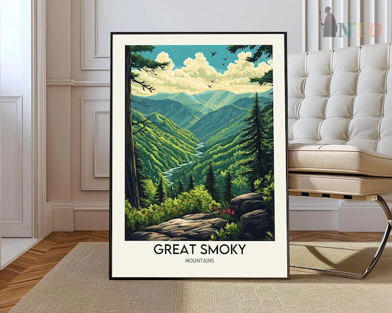Great Smoky Mountains Lush Green Ridge Valley Retro Travel Poster