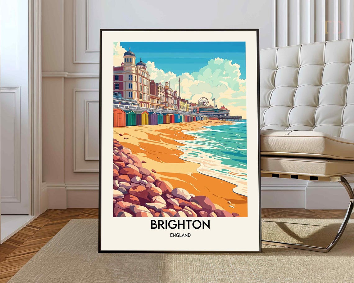 Brighton England Colorful Beach Huts Seafront Retro Travel Poster