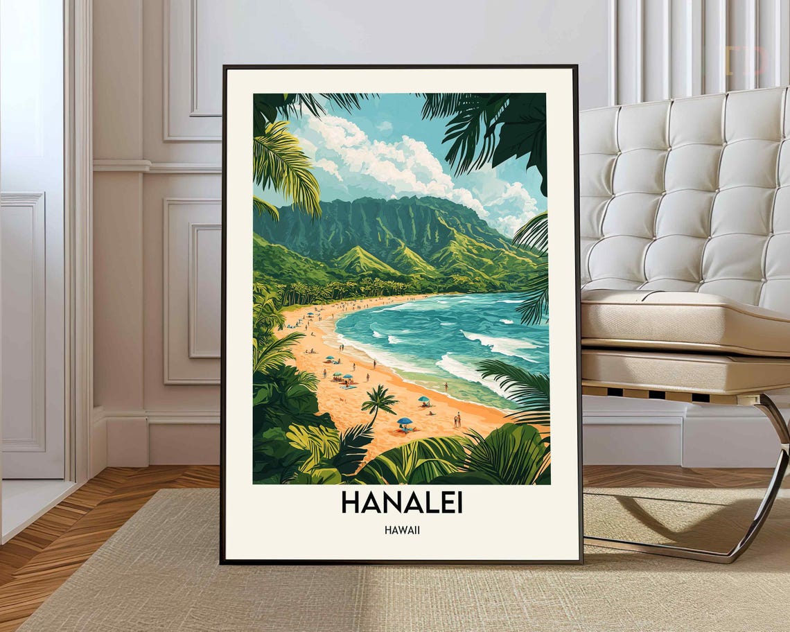 Hanalei Hawaii Beach Palm Trees Illustrated Vintage Travel Poster