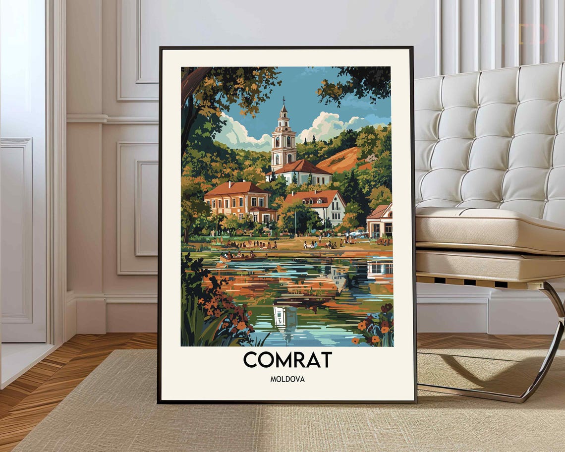 Comrat Moldova Retro Lakeside White Church Tower Travel Poster