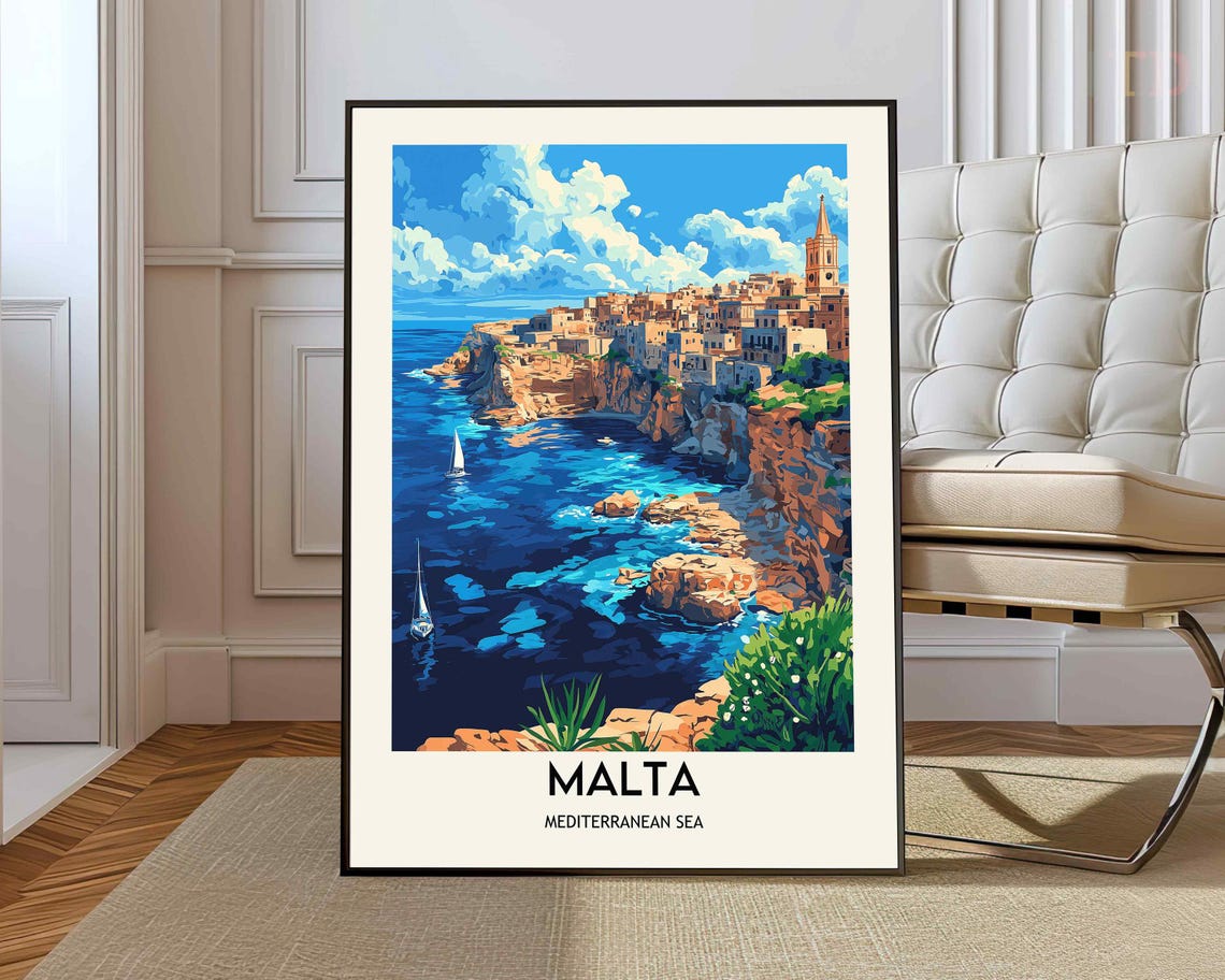 Malta Mediterranean Sea Blue Grotto Cliff Coast Retro Travel Poster