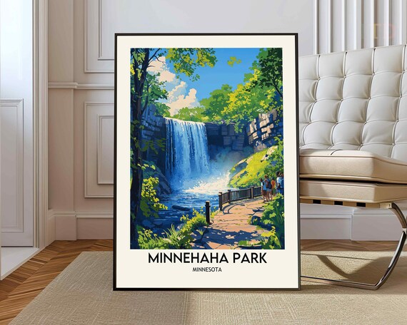 Minnehaha Park Minnesota Waterfall Vintage Retro Travel Poster