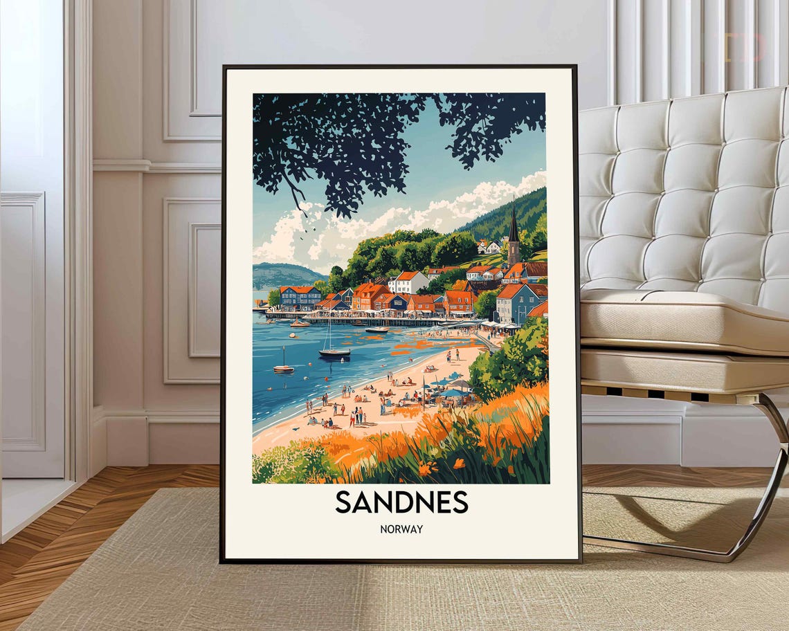 Sandnes Norway Harbor Beach Scene Vintage Style Travel Poster