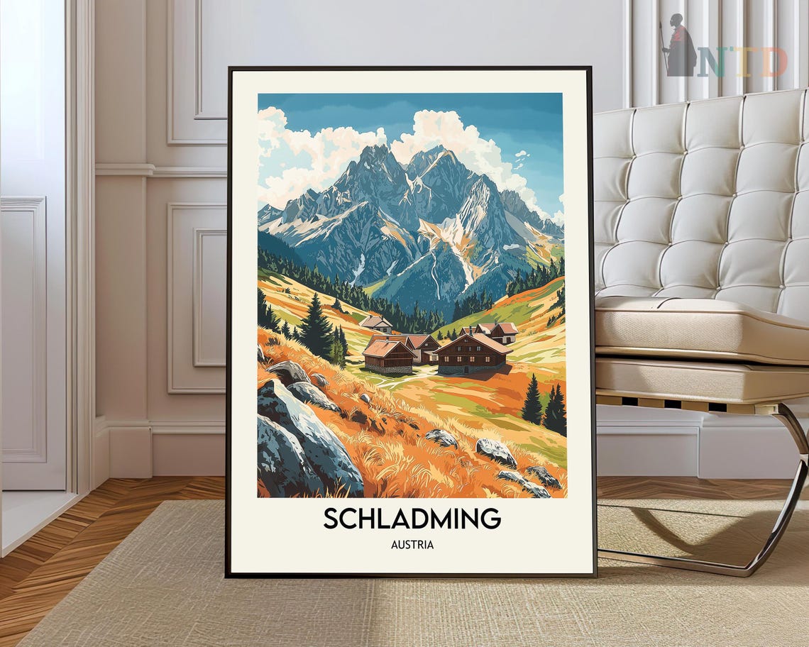 Schladming Austria Alpine Village Mountain Meadow Travel Poster