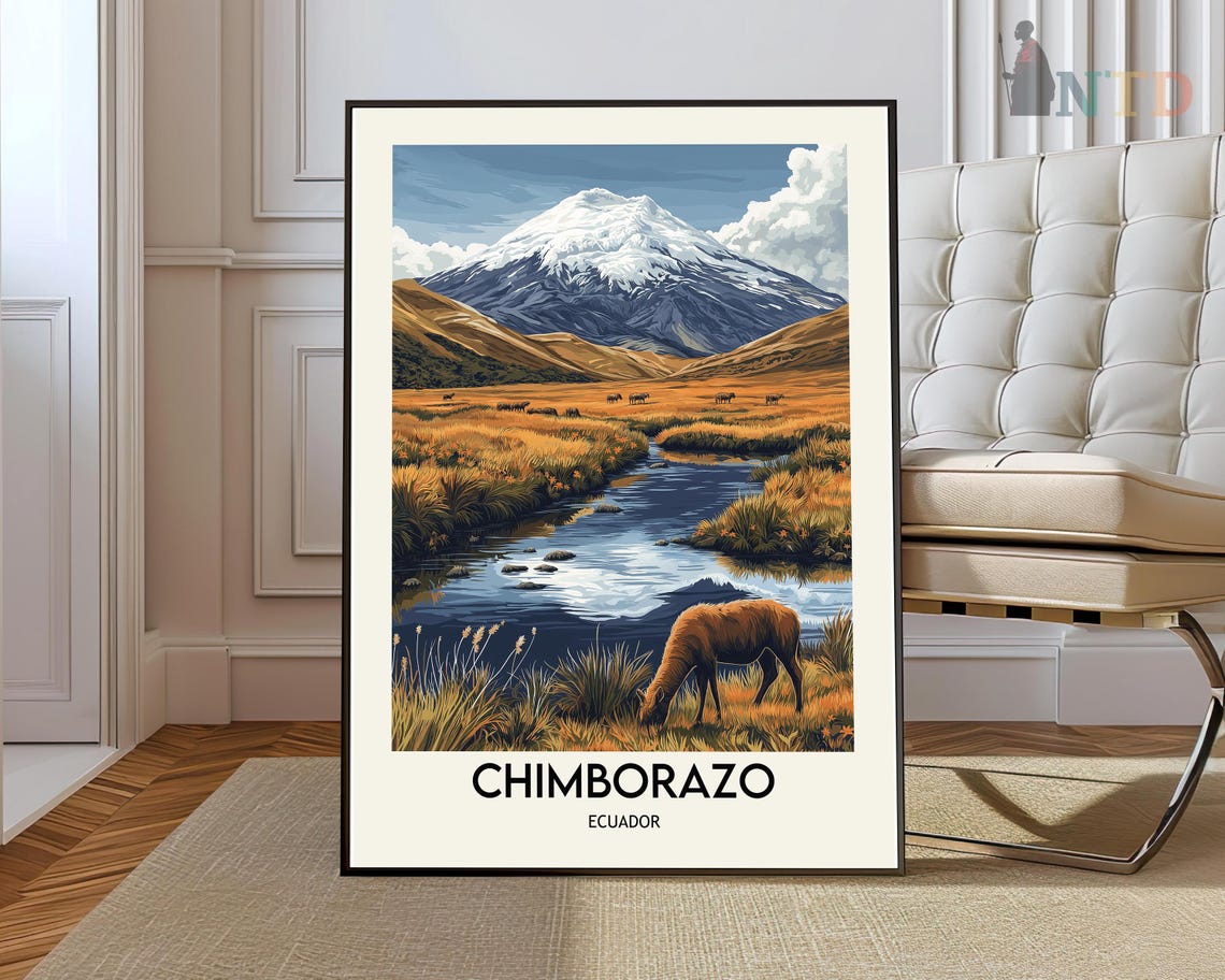 Chimborazo Ecuador Snow Capped Volcano Llama River Travel Poster
