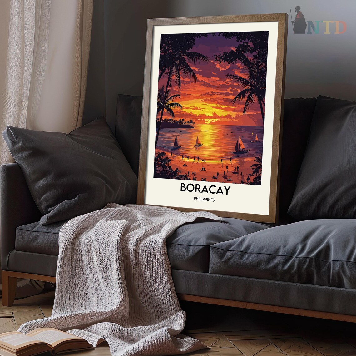 Boracay Philippines Sunset Beach Sailboats Vintage Travel Poster - Image 3