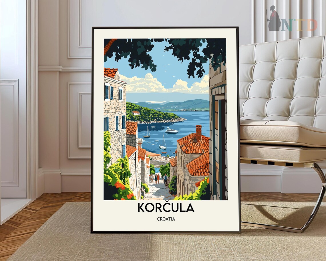 Korcula Croatia Old Town Alley Harbor Boats Adriatic Travel Poster
