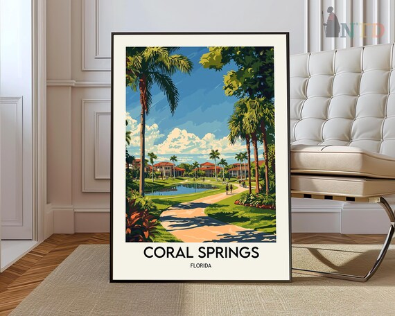 Coral Springs Florida Park Palms Lake Path Vintage Travel Art Poster