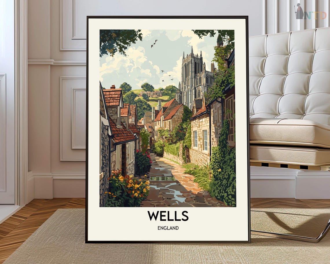 Wells England Travel Poster Historic Stone Street and Cathedral
