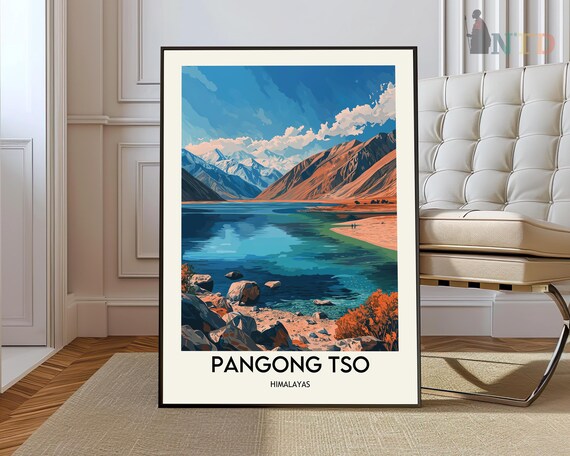 Pangong Tso Himalayas Turquoise Alpine Lake Vintage Mountain Travel Poster