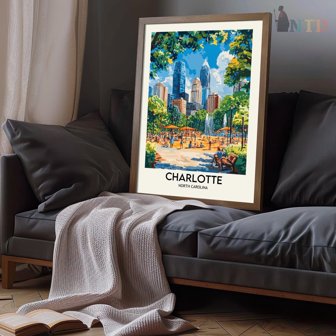 Charlotte North Carolina Park Fountain Uptown Skyline Day Poster - Image 3