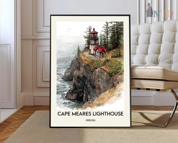 Cape Meares Lighthouse Oregon Watercolor Coastal Cliffs Poster