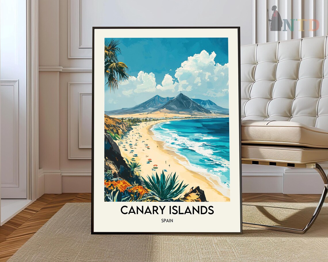 Canary Islands Spain Beach Volcano Coast Vintage Travel Poster