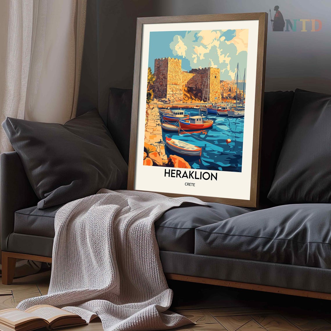 Heraklion Crete Old Harbor Fortress Fishing Boats Scene Poster - Image 3